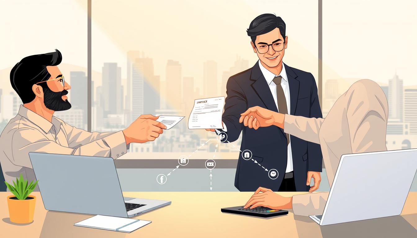 A modern, professional-looking illustration depicting the factoring process for Salvadoran businesses. In the foreground, a business owner hands over an invoice to a factoring company representative, with a laptop and calculator visible on the desk between them. In the middle ground, a network of financial transactions is visualized as a flow diagram, arrows representing the movement of funds. In the background, a cityscape of San Salvador skyline serves as the backdrop, hinting at the national context. The lighting is warm and inviting, creating a sense of productivity and collaboration. The overall mood is one of efficiency, financial opportunity, and economic progress.